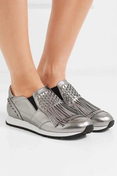 Shop Tod's Embellished Fringed Metallic Leather Slip-on Sneakers