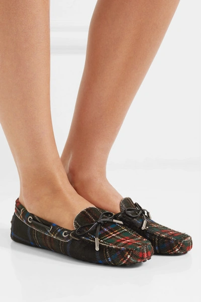 Shop Tod's Gommino Leather-trimmed Tartan Calf Hair Moccasins