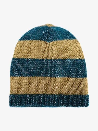 Shop Gucci Blue And Mustard Yellow Striped Knit Beanie