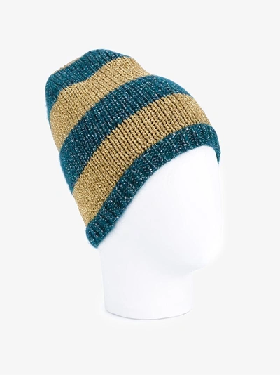 Shop Gucci Blue And Mustard Yellow Striped Knit Beanie