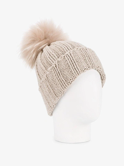 Shop Inverni Raccoon Fur Single Pom Pom Beanie In Nude&neutrals