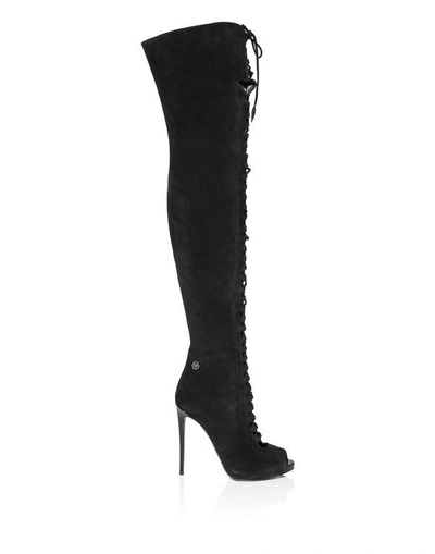 Shop Philipp Plein Boots Hi-heels Overknees "estia Basic" In Black