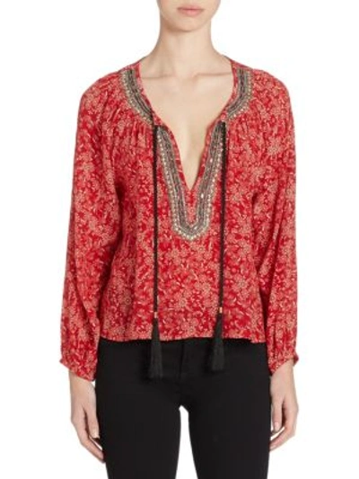 The Kooples Sunrise Embellished Silk Peasant Top In Red