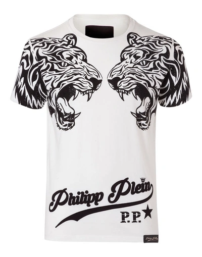 Philipp Plein T-shirt Round Neck Ss "duble Tiger" In White | ModeSens