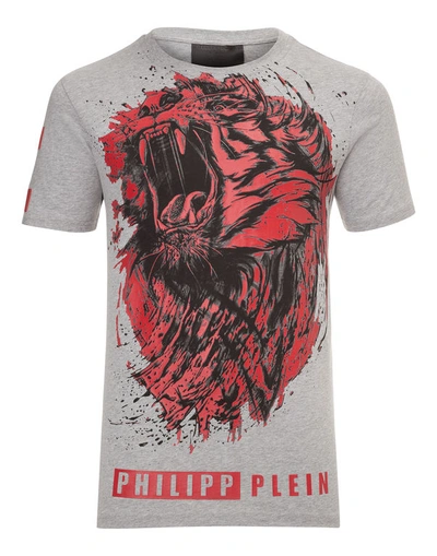 Philipp Plein T-shirt Round Neck Ss "lion Roar" In Grey