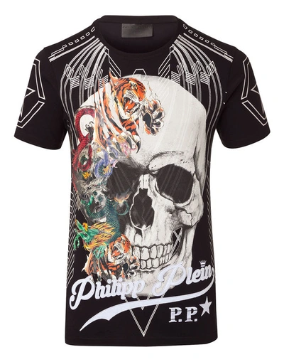Philipp Plein T-shirt Round Neck Ss "animals Skull" In Black