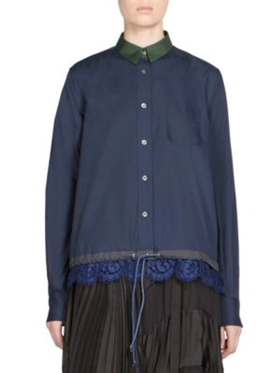 Sacai Lace Trim Drawstring Shirt In Navy