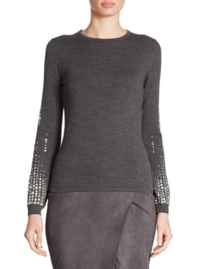 Oscar De La Renta Crystal-embellished Merino Wool Sweater In Dark Grey