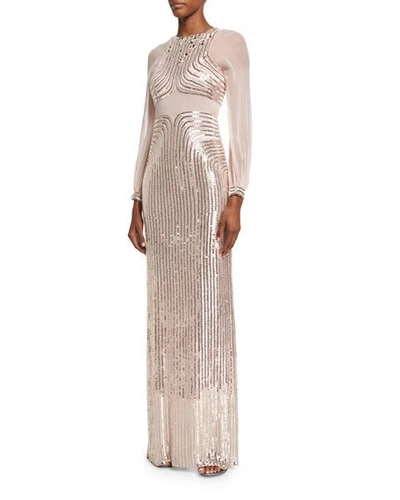 Jenny Packham Sequined Long-sleeve Column Gown, Ballet Pink