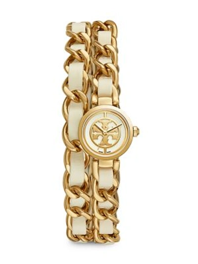 Tory Burch Reva Leather & Chain Double Wrap Watch In Ivory