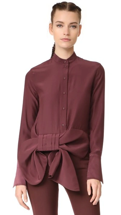 Victoria Victoria Beckham Asymmetric Tux Bow Silk Satin Shirt In Burgundy