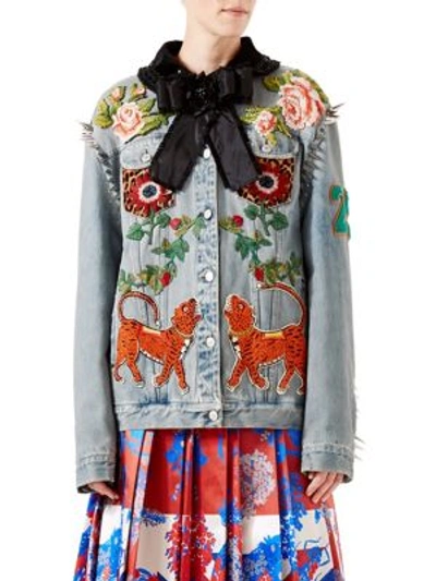 Gucci Studded & Embroidered Denim Jacket In Blue