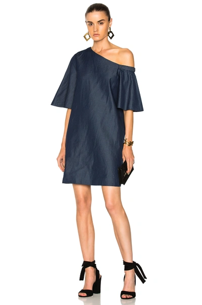 Shop Tibi One Shoulder Bell Sleeve Dress In Blue