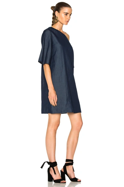 Shop Tibi One Shoulder Bell Sleeve Dress In Blue