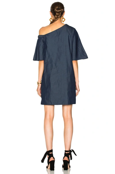 Shop Tibi One Shoulder Bell Sleeve Dress In Blue