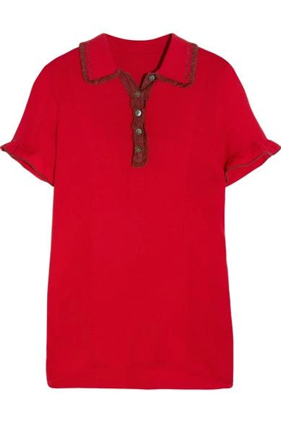 Shop Alexa Chung Ruffle-trimmed Ribbed Stretch-knit Polo Shirt In Red