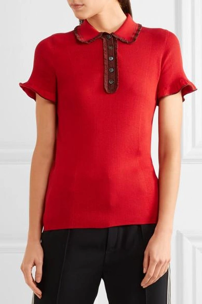 Shop Alexa Chung Ruffle-trimmed Ribbed Stretch-knit Polo Shirt In Red