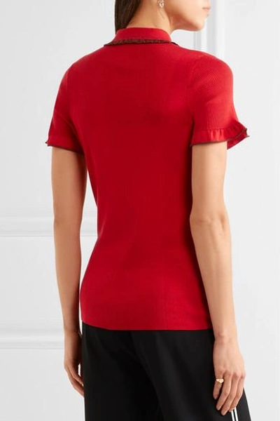 Shop Alexa Chung Ruffle-trimmed Ribbed Stretch-knit Polo Shirt In Red