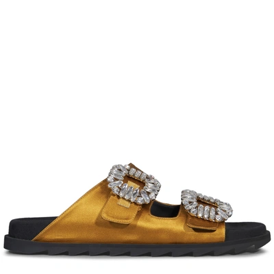 Shop Roger Vivier Slidy Viv' Strass Buckle Sandals In Silk Satin In Yellow