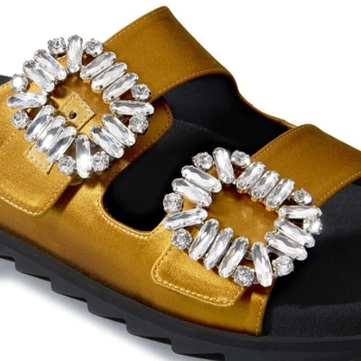 Shop Roger Vivier Slidy Viv' Strass Buckle Sandals In Silk Satin In Yellow