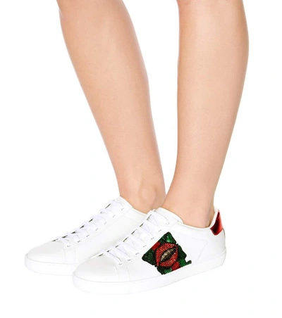 Shop Gucci Embellished Leather Sneakers In White