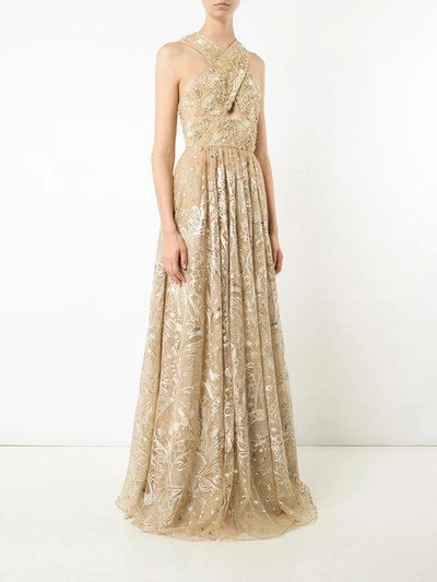 Shop Marchesa Notte Floral Bead Embellished Gown - Yellow