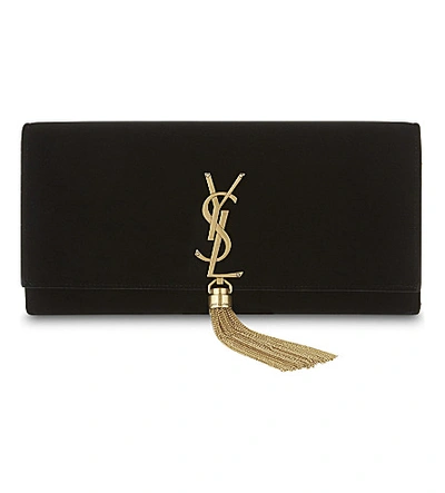 Shop Saint Laurent Monogram Kate Tassel Velvet Clutch In Black