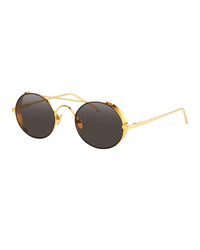 Linda Farrow Round Brow-bar Sunglasses, Yellow Gold