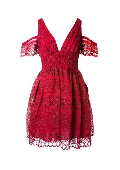 Self-portrait Mini Dress Crafted From Cutwork Embroidery In Raspberry Red In Strawberry