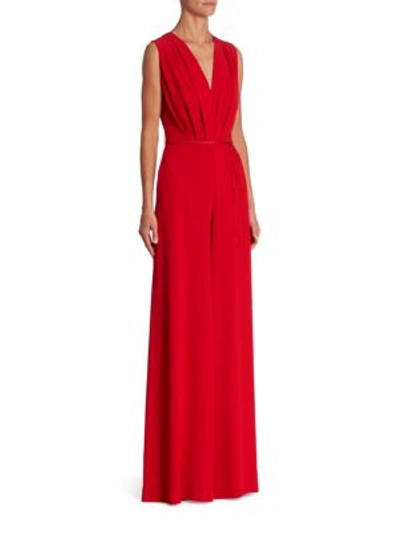 Adam Lippes Belted Pleated Crepe Jumpsuit In Red