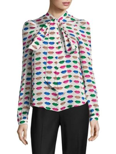 Milly Kiss Print Tie Neck Blouse In Multicolor