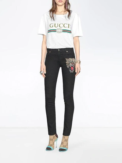 Shop Gucci Angry Cat Embroidered Denim Pant In Black