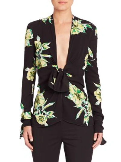 Shop Proenza Schouler Front Knot Silk Georgette Top In Black Green Lily Print