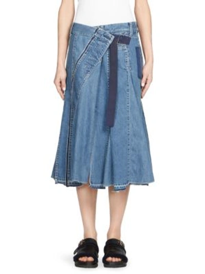 Sacai Belted Asymmetric Wrap Denim Skirt In Blue