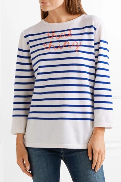 Shop Lingua Franca That Thing Embroidered Striped Cashmere Sweater In Bright Blue