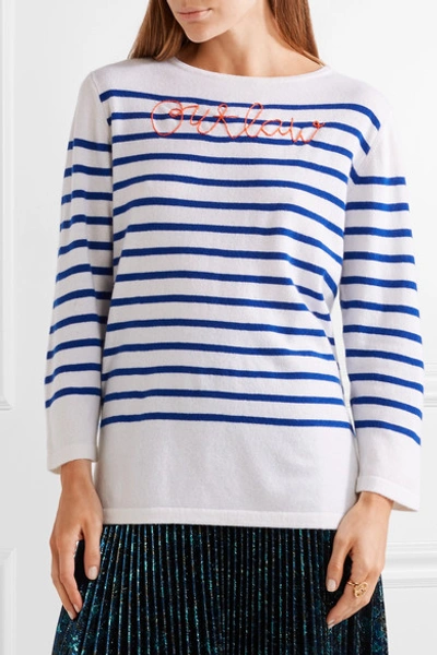 Shop Lingua Franca Outlaw Embroidered Striped Cashmere Sweater
