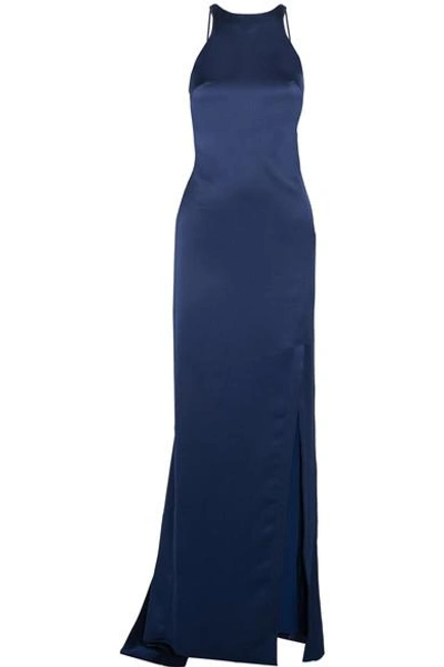 Shop Halston Heritage Open-back Satin Gown In Navy