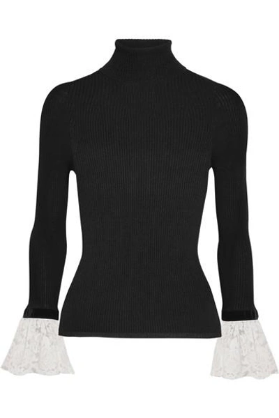 Shop Philosophy Di Lorenzo Serafini Velvet And Lace-trimmed Ribbed-knit Turtleneck Sweater