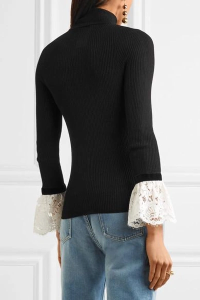 Shop Philosophy Di Lorenzo Serafini Velvet And Lace-trimmed Ribbed-knit Turtleneck Sweater