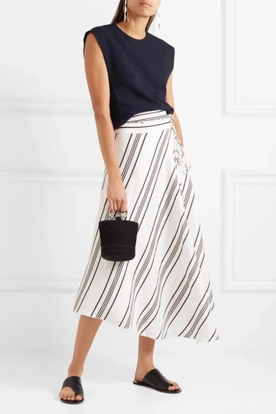 Shop Apiece Apart Rosehip Asymmetric Striped Linen And Silk-blend Wrap Midi Skirt In White