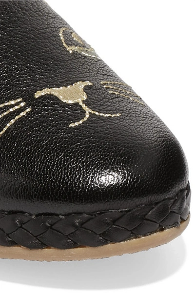 Shop Charlotte Olympia Kitty Embroidered Textured-leather Collapsible-heel Espadrilles