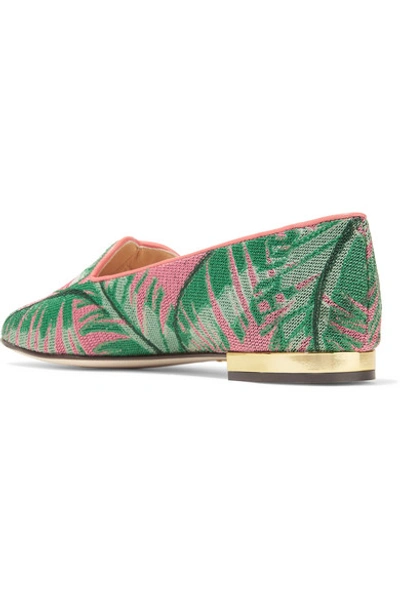 Shop Charlotte Olympia Flamingo Leather-trimmed Embroidered Canvas Slippers