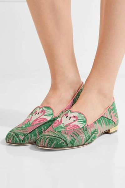 Shop Charlotte Olympia Flamingo Leather-trimmed Embroidered Canvas Slippers