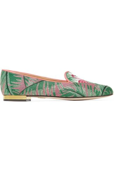 Shop Charlotte Olympia Flamingo Leather-trimmed Embroidered Canvas Slippers