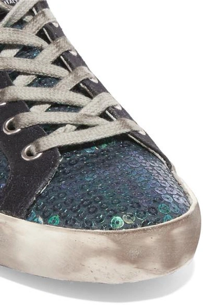 Shop Golden Goose Super Star Distressed Sequined Canvas And Suede Sneakers