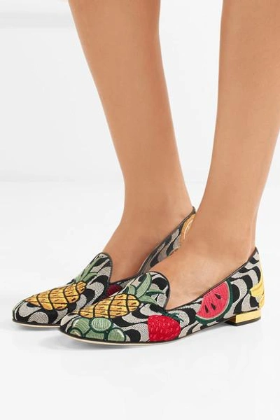 Shop Charlotte Olympia Fruit Salad Embroidered Canvas Slippers In Gray