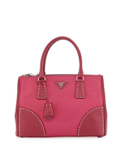 Prada Exposed-stitched Nylon Leather Satchel Bag, Pink