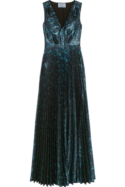 Shop Prada Plissé-jacquard Gown In Blue
