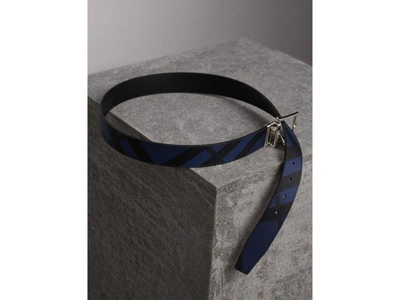 Shop Burberry Reversible London Check And Leather Belt In Bright Lapis/black