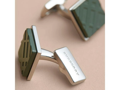 Shop Burberry Check-engraved Square Cufflinks In Темный Сине-зеленый